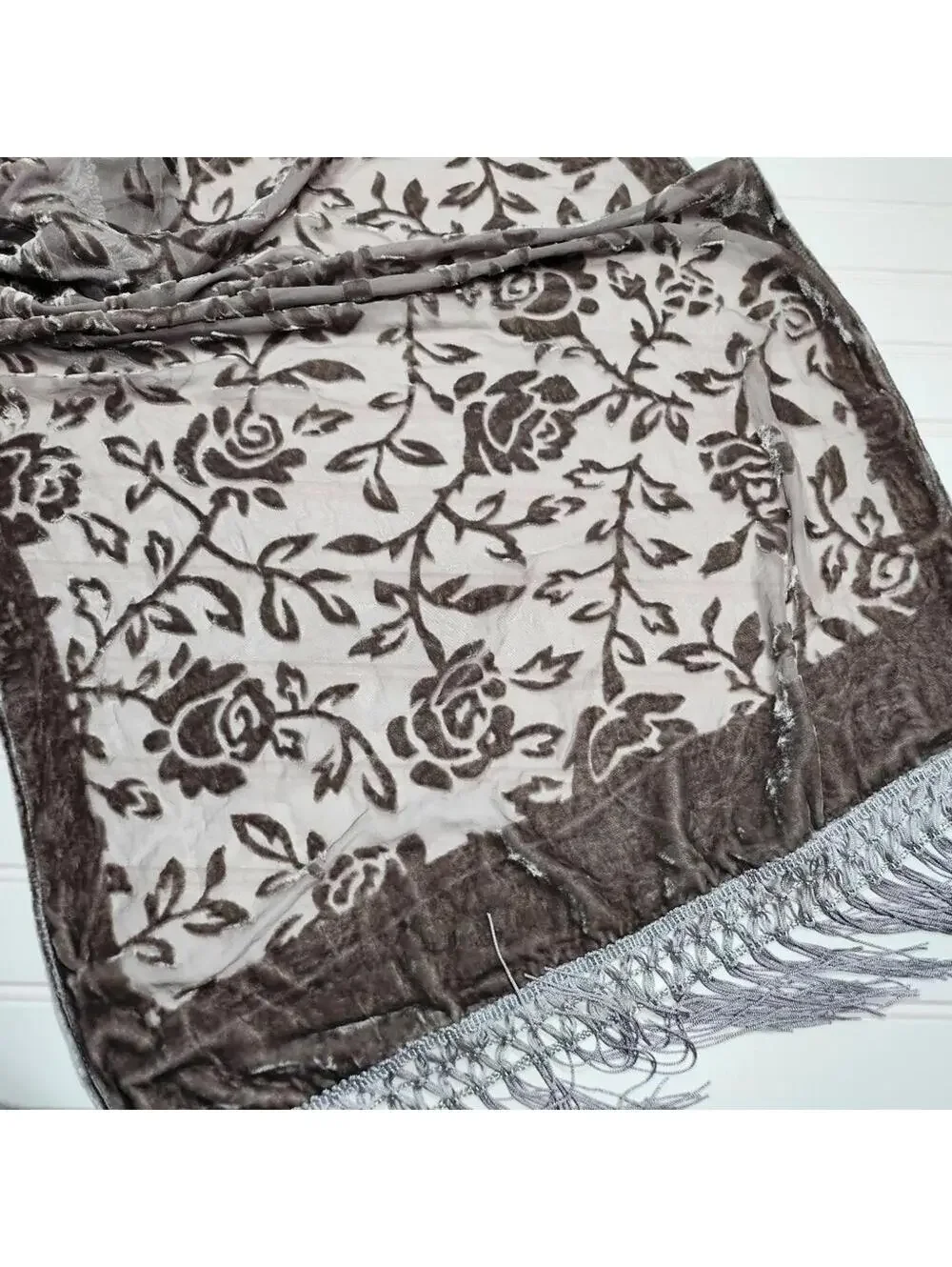 Cejon | Gray Velvet Floral Fringed Table Runner 72 x 21 Inches